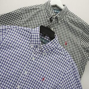 Ralph Lauren Gingham Shirts Lot of 2 Mens Medium Custom Fit Blue Black Pony Logo